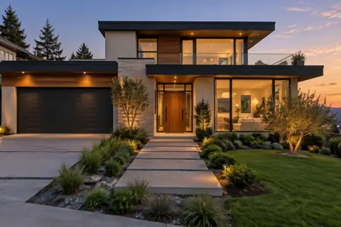 Contemporary home, exterior at twilight, video frame at 2.5s